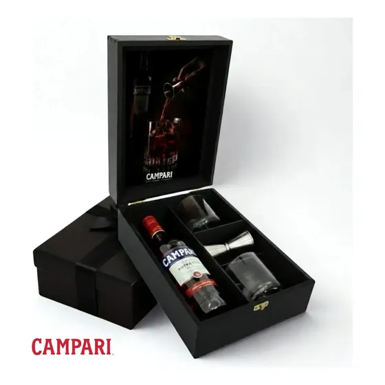 Kit Cesta Presente Campari Bitter 750ml Negroni. Maleta Em Madeira