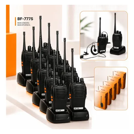 Kit 10 Rádios Comunicadores Baofeng Bf-777s Alta Performance Walkie Talkie Profissional Esportivo Sem Fio Alta Segurança Comunicação Show Eventos Preto 400/470mhz 127/220v Ht 16 Ch 12km Raytechno