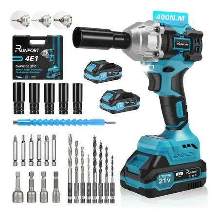 Chave De Impacto Bateria Lítio 21v 2ah Brushless 400n·m Furadeira/parafusadeira Kit Com Maleta E Soquetes Runport Azul 127/220v 50 Hz / 60 Hz