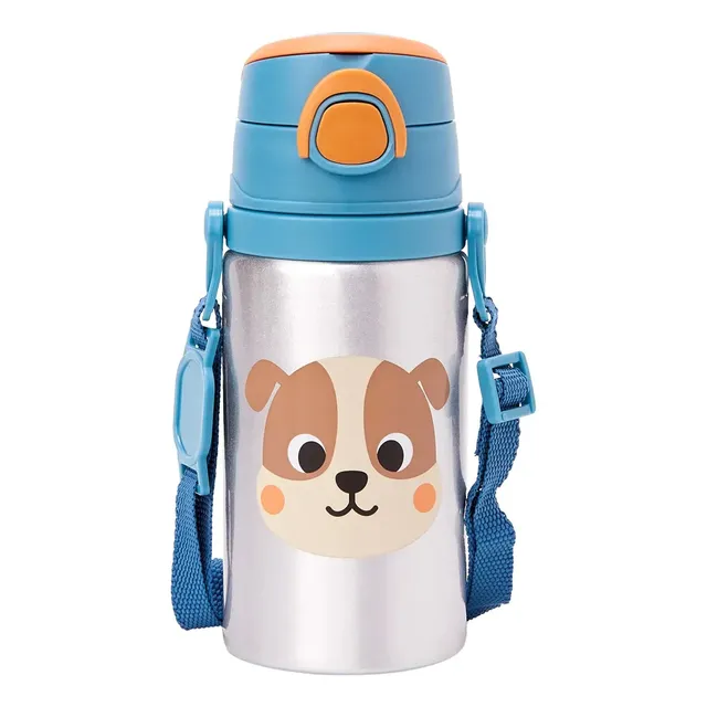 Garrafinha Infantil Escolar Aluminio Com Canudo 450ml Buba Azul-aço Cachorrinho