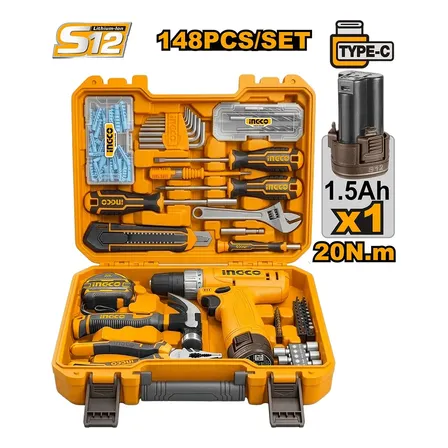 Kit Ferramentas Ingco 148 Peças Parafusadeira 12v P20s 20nm