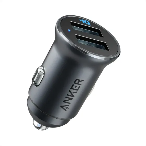 Carregador Veicular Turbo Anker 24W Carga Rápida 2 Portas USB-A Alumínio Carrega 2 Celulares iPhone 17/16/15/14/13/12, Samsung Galaxy, Motorola Moto G, Xiaomi Android Bivolt 12/24V Cor Preto