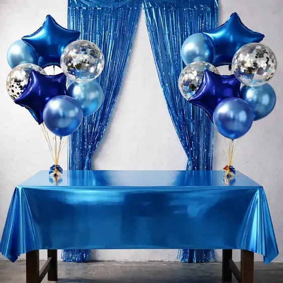 Kit Toalha De Mesa Metalizada Bexigas Balões Cortinas Festa Aniversário Decoração Azul
