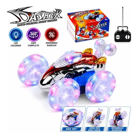 Carrinho Controle Remoto Carro Maluco Dasher Gira 360º Com Luzes Led Brinquedo Colorido Infantil Ligeiro