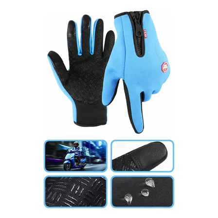 Luvas Térmicas Touch Screen Impermeáveis para Moto e Bike com Zíper - Azul-Claro