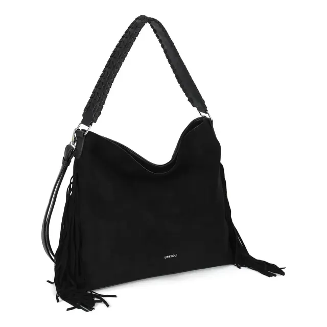 Bolsa Hobo Feminina Up4you Preta de PU com Detalhe em Camurça