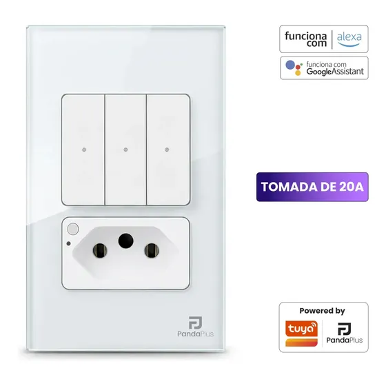 Interruptor Inteligente com Tomada Panda Plus, 3 Botões e Wi-Fi, para Alexa e Google Home, Bivolt