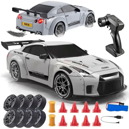 Carrinho Controle Remoto Faz Drift Bateria Recarregavel 4x4 Nissan Gtr R35 Atacarejo Kids Completo Troca Rodinhas Cones Barril Cinza