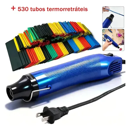 Soprador Térmico Mini Pistola De Ar Quente 300w Kit Tubo Termorretrátil 530 Peças Para Artesanato Cerâmica Mole E Reparo De Cabos Blue 220v