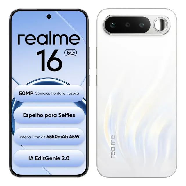 Smartphone Celular Realme 16 5g 256gb 12gb Ram Dual Sim Câmera De 50mp Lumacolor Image Espelho Para Selfies Bateria 6550mah, Resistência À Água Ip69 Pro, 4200nit Amoled Branco