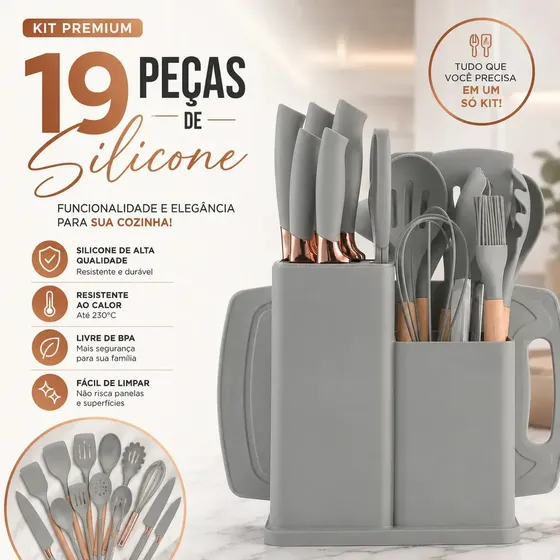 Kit 19 Utensílios De Cozinha Em Silicone Cabo De Madeira Completo Resistente Ao Calor Livre De BPA Para Panelas Antiaderentes Com Suporte Tabua De Corte Espátulas Colheres Cinza - Shokki