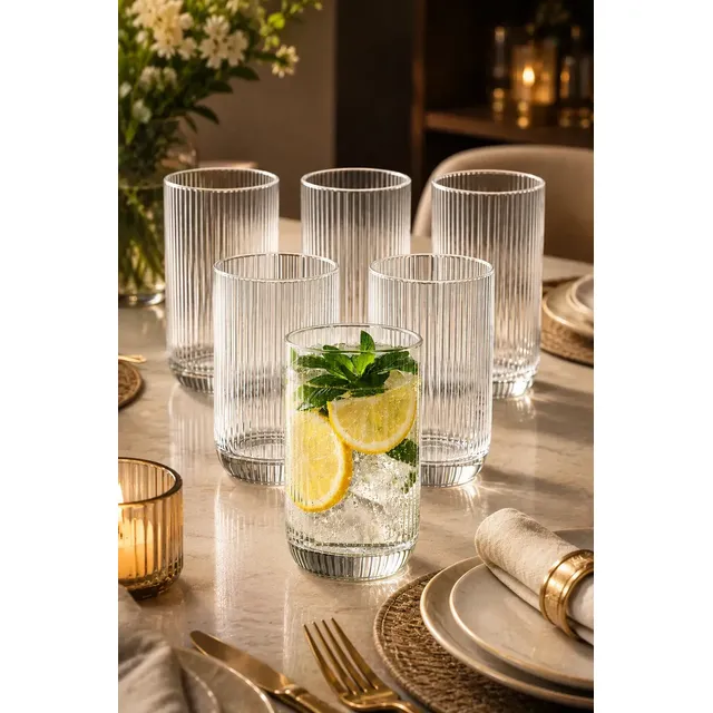 Copo de Vidro Canelado 400ml para Mesa Posta e Drinks, Pack com 6