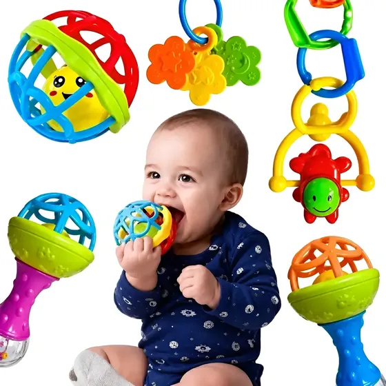 Kit Chocalhos E Mordedores Sensoriais Para Bebê Com 8 Peças Coloridas