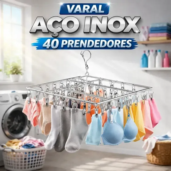 Varal Suspenso Retangular de Aço Inoxidável Tche Amo com 40 Prendedores para Roupas Íntimas Roupas de Bebê Design Compacto e Moderno Não Enferruja