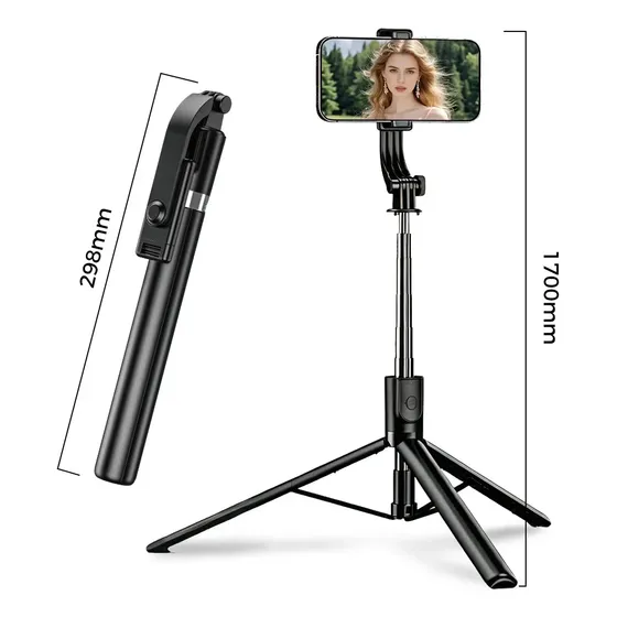 Bastão Tripé Pau Selfie Bluetooth 170cm, Controle, Tripé Bastão De Selfie Extensível, Eletro Mex Preto 170 Cm, Sem Luz Led