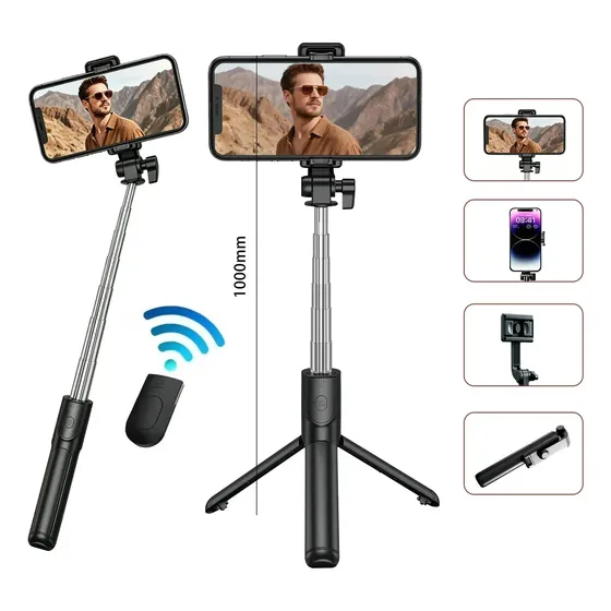 Bastão Tripé Pau Selfie Bluetooth 100cm, Controle, Tripé Bastão De Selfie Extensível, Eletro Mex Preto 100 Cm-sem Luz Led