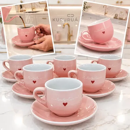 Jogo 6 Xícaras Café Porcelana Rosa 90ml Com Pires Rose Conjunto Marca Kururuá Coração