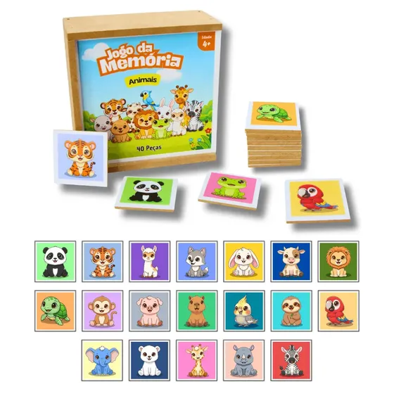 Jogo Da Memória Animais 40 Peças Brinquedo Educativo Infantil Em Madeira Mdf