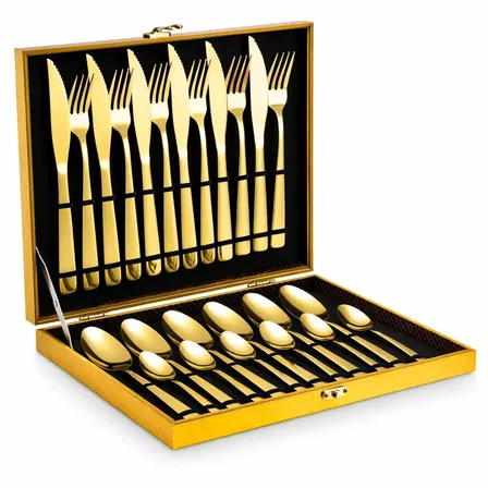 Eps-158 Kit Faqueiro Dourado Luxo Jogo Talheres Inox 24pçs + Maleta Sem Estampa Dourado Liso
