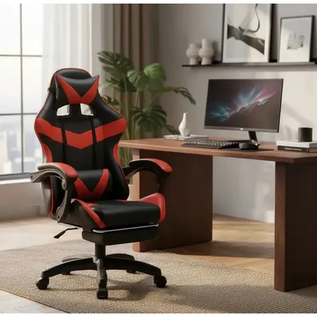 Cadeira Gamer Reclinável Ergonômica Com Apoio Para Pés e Cabeça de Couro Sintético Vermelho Sweet Studio