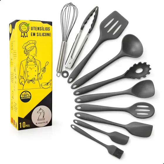 Kit Utensílios de Cozinha em Silicone X-Matte 10 Peças para Panelas Antiaderentes Cinza-escuro