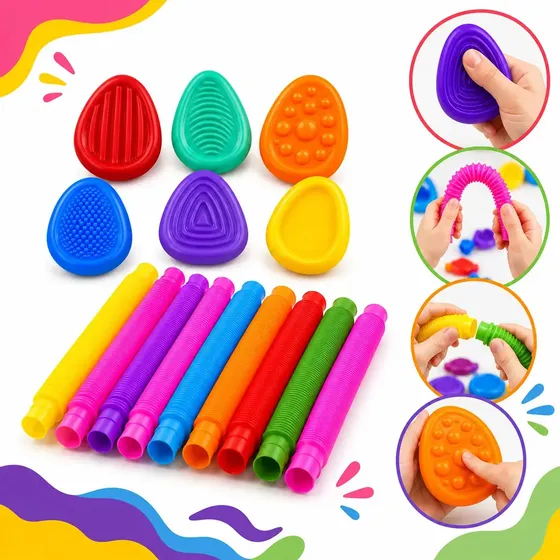 Kit 18 Fidget Toys Folding Antiestresse Sensorial Pop Tube Pedras Táteis Ansiedade Relaxante Clube Educativo