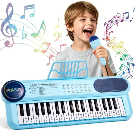 Teclado 37 Teclas BrincaMundo Com Microfone Karaokê Brinquedo Crianças Musical Educativo Piano Azul