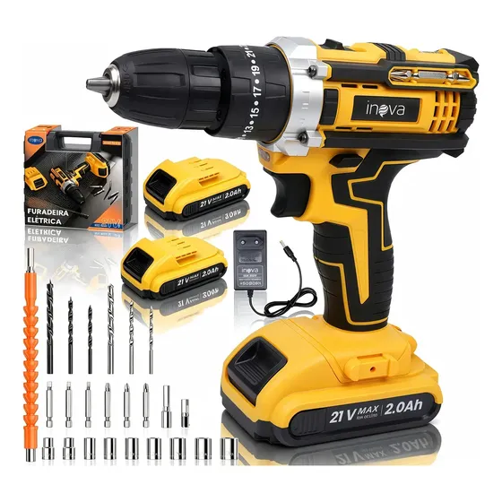 Parafusadeira Furadeira Impacto Inova Sem Fio 21v 2 Bateria 2.000mAh 1500rpm 2 Níveis Velocidade Kit Chave Completo Com Maleta brocas chaves,para paredes pisos tábuas de madeira amarelo