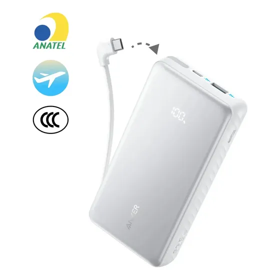 Carregador Portátil Power Bank Anker 20000mAh Carga Turbo 22.5W Cabo USB-C Integrado Para iPhone 17/16/15/14, Samsung Galaxy, Motorola, Xiaomi, Poco, Oppo, Airpods, Display Digital Cor Preto Com 3C