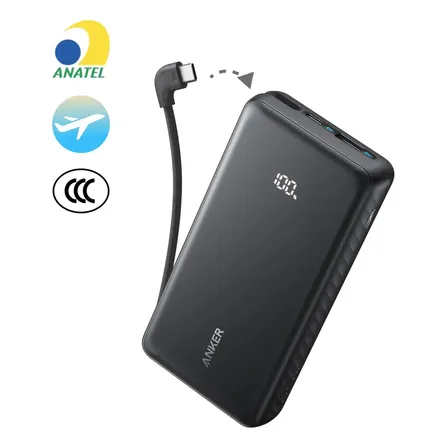 Carregador Portátil Power Bank Anker 20000mAh Carga Turbo 22.5W Cabo USB-C Integrado Para iPhone 17/16/15/14, Samsung Galaxy, Motorola, Xiaomi, Poco, Oppo, Airpods, Display Digital Cor Preto Com 3C