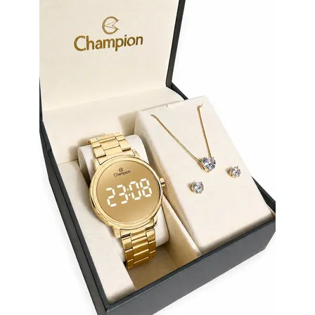 Kit Relógio Feminino Champion Digial Espelhado Dourado Ch40115g Pulseira Em Aço Inoxidável Prova D´agua 50 Metros + Colar E Brincos Arisca