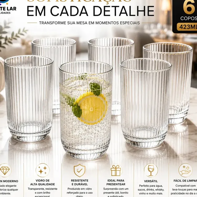 Jogo 6 Copos Vidro Canelado 423ml Moderno Elegante Premium Vinho Água Suco Drinks Gin Whisky Jogo Copos Taça Copo... Transparente Canelado