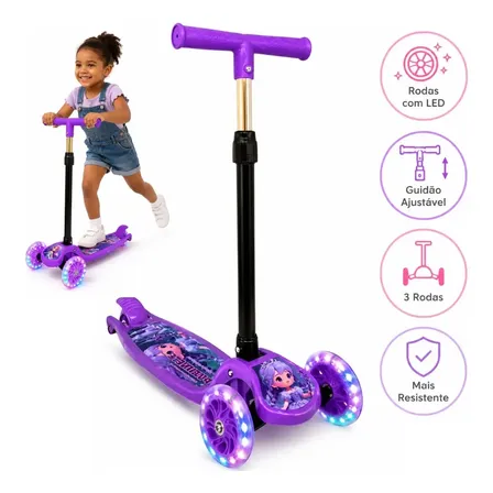 Patinete Infantil de 3 Rodas com LED Ajustável e Freio Traseiro Roxo Atacarejo Kids