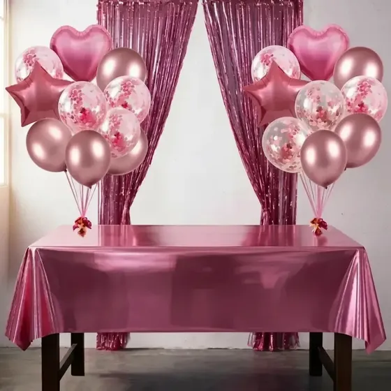 Kit Toalha De Mesa Metalizada Bexigas Balões Cortinas Festa Aniversário Decoração Rosa