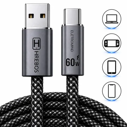Cabo Turbo 60w 2 Metros Usb-a Para Usb-c Carga Rápida Transferência De Dados Eletromind Compatível Com iPhone Samsung Xiaomi Poco Motorola Ps5 Nylon Reforçado Tipo C Preto