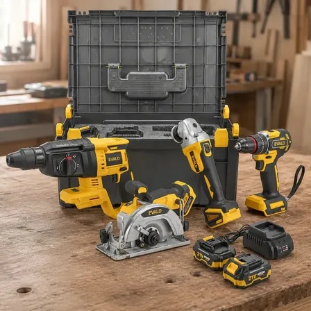 Kit De Ferramentas 4 Em 1 21v Brushless Com Furadeira Impacto Esmerilhadeira Martelete E Serra Circular Evald