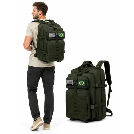 Mochila Grande Tática Militar Impermeável Reforçada 50 Litros De Trilhas Viagens Camping Cor Verde Liso