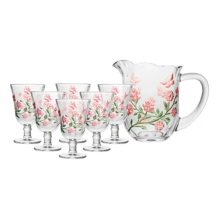 Conjunto 7 Peças Jarra E 6 Taças Lys Hand Painting 1,5l/240ml Cristal Lyor Incolor