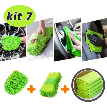 Kit 7 Microfibra Carro Luva Pano Esponja Toalha Secagem 40cm Verde limpeza de carros, casa e gordura de cozinha 1 luva, 1 esponja para lavar carro e 5 panos de microfibra 40*40cm