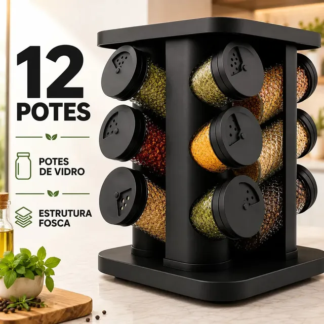 Porta Temperos Condimentos 12 Unidades Potes Vidro Base Giratória Preto Organizador Cozinha Dosador Sólar