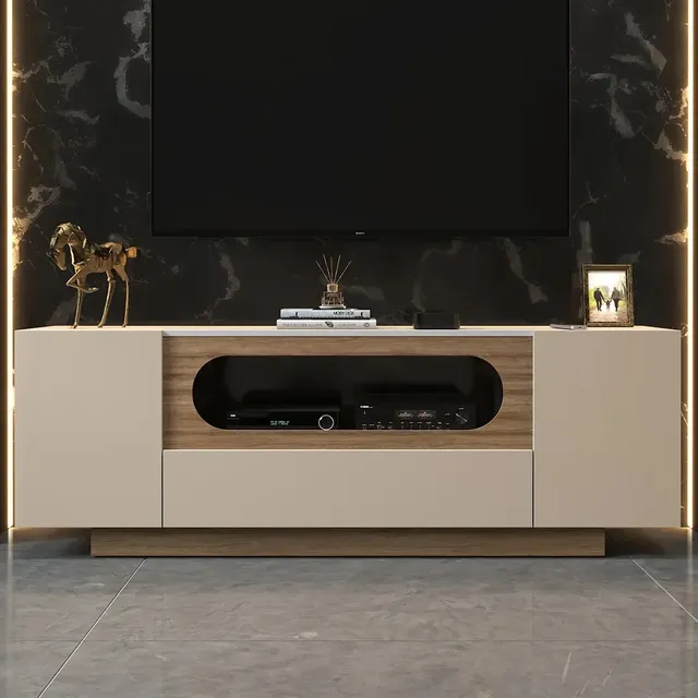 Rack Para Tv Até 60 Polegadas Off White Amadeirado Nicho Curvo Design Moderno Sala De Estar