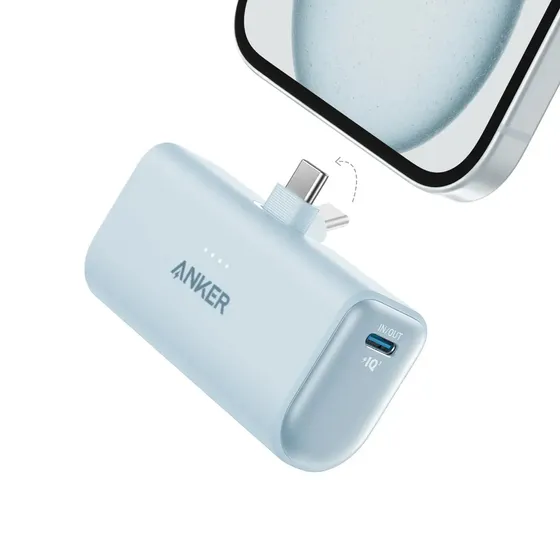 Carregador Portátil Anker Power Bank Pocket 5.000mAh 22.5W Conector USB-C Embutido Dobrável, Carga Turbo PowerIQ 3.0, Cabo USB-C 0,6m, iPhone 17/16/15, Samsung Galaxy, Xiaomi, Motorola, Azul-celeste