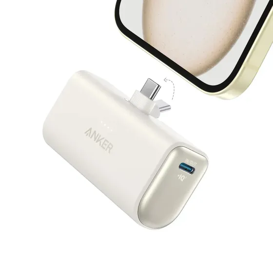Carregador Portátil Anker Power Bank Pocket 5.000mAh 22.5W Conector USB-C Embutido Dobrável, Carga Turbo PowerIQ 3.0, Com Cabo USB-C 0,6m, iPhone 17/16/15, Samsung Galaxy, Xiaomi, Motorola, Branco