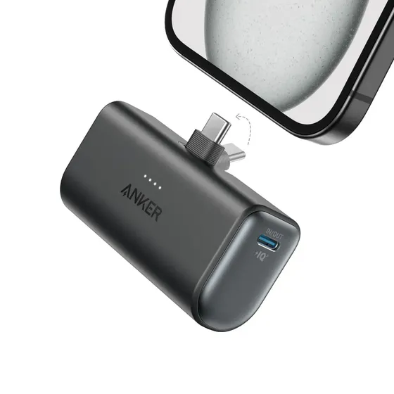 Carregador Portátil Anker Power Bank Pocket 5.000mAh 22.5W Conector USB-C Embutido Dobrável, Carga Turbo PowerIQ 3.0, Com Cabo USB-C 0,6m, iPhone 17/16/15, Samsung Galaxy, Xiaomi, Motorola, Preto