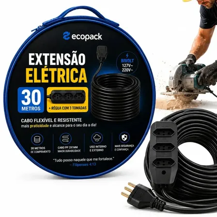 Extensão Elétrica 2x2,5mm De 30 Metros Reforçada 3 Tomadas Bivolt 10a 20a Cabo Resistente Profissional Residencial Obra Oficina Alta Durabilidade Preto 127/220v