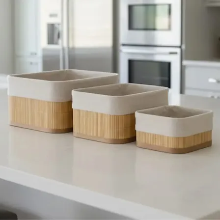 Kit 3 Cestos Organizador De Bambu Com Forro Multiuso Banheiro Cozinha Quarto Kilate Store