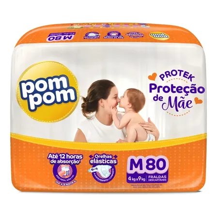 Fralda Descartável Pom Pom Protek Tamanho M Com 80 Unidades Médio (m) Sem Gênero