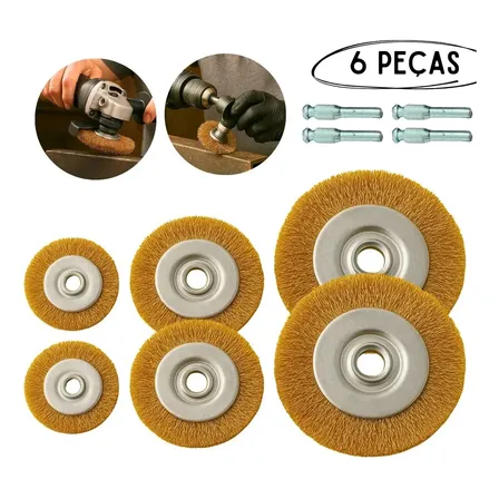 Jogo De Escovas De Aço Circular - Com 06 Peças - Com Haste
