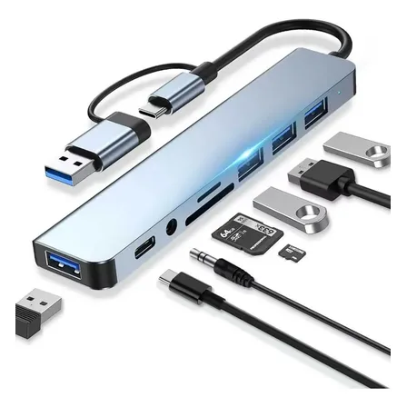 Extensor Usb Hub 3.0 Dupla Cabeça Tipo C E Usb, Conta Com 8 E 4 Portas Para Transferência Rápida De Dados. Adaptador Compacto, Compatível Com Pendrives, Discos Rígidos E Todos Os Modelos De Desktop E