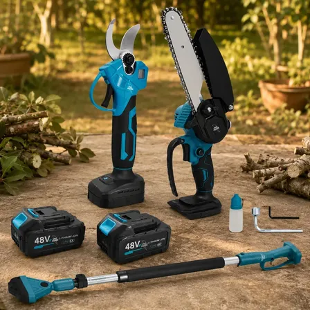 Kit Ferramentas 3 Em 1 Mini Motosserra Tesoura Poda Extensor 180cm 2 Baterias 48V 4.0Ah Sem Fio Carregador Bivolt Jardinagem